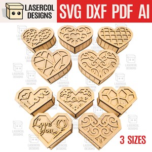 Pacote de caixas em formato de coração - Arquivos cortados a laser - SVG+DXF+PDF - Glowforge - Download instantâneo - Presente de Dia dos Namorados