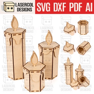 Kerstkaarsvormige doos (drie maten) - lasergesneden bestanden - SVG + DXF + pdf - Glowforge-bestanden - direct downloaden - kerstcadeau