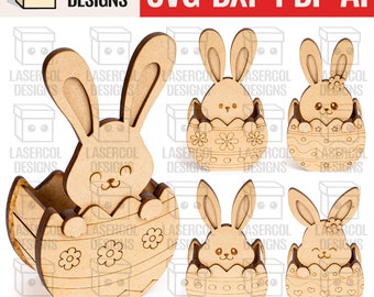 Cesta de huevos de conejito de Pascua (5 estilos) - Archivos cortados con láser - Archivos Glowforge SVG+DXF+PDF+Ai - Descarga instantánea - Caja de regalo de Pascua