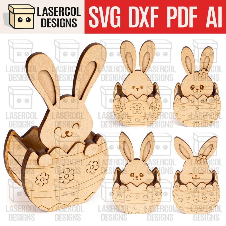 Cesta de huevos de conejito de Pascua 5 estilos Archivos cortados con láser Archivos Glowforge SVGDXFPDFAi Descarga instantánea Caja de regalo de Pascua imagen 1