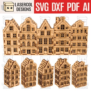 Conjunto de casas navideñas 1 (5 estilos) - Archivos cortados con láser - SVG+DXF+PDF - Archivos Glowforge - Descarga instantánea - Regalo navideño - Luz de noche