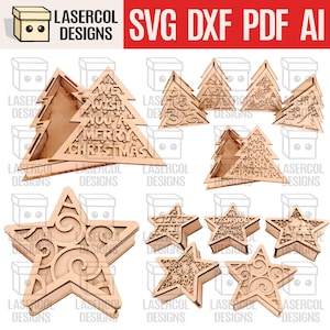 Sapin de Noël et boîte d'étoiles (2 tailles, 5 styles) - fichiers découpés au laser - SVG + DXF + PDF - fichiers Glowforge - téléchargement immédiat