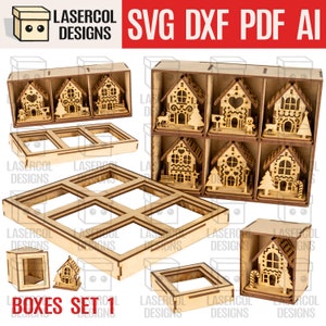 Cajas de adornos navideños de casas (8 estilos) - Archivos cortados con láser - SVG+DXF+PDF - Archivos Glowforge - Descarga instantánea