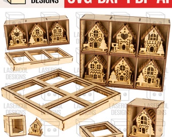 Christmas Houses Ornaments Boxes Set 1  (8 Houses Styles) - Laser Cut Files - SVG+DXF+PDF+Ai - Glowforge Files - Instant Download