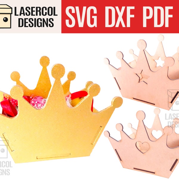 Crown Shaped Box (4 sizes, 3 Styles) - Laser Cut Files - SVG+DXF+PDF+Ai - Glowforge Files - Instant Download