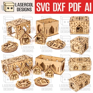Pudełka na ozdoby świąteczne - Pliki cięte laserowo - SVG+DXF+PDF - Pliki Glowforge - Natychmiastowe pobieranie - Lampka nocna - Pliki ozdób świątecznych