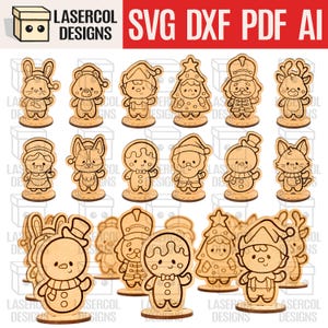 Personajes navideños con base - Archivos cortados por láser - SVG+DXF+PDF - Archivos Glowforge - Descarga instantánea - Adornos navideños