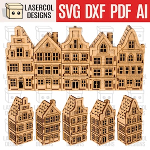 Zestaw domków bożonarodzeniowych 2 (5 stylów) - pliki cięte laserowo - SVG+DXF+PDF - pliki Glowforge - natychmiastowe pobranie - prezent świąteczny - lampka nocna