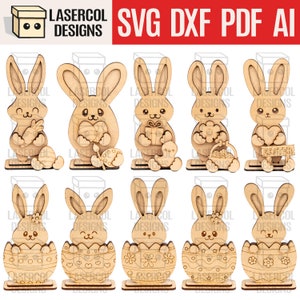 Zestaw wielkanocnych króliczków (10 stylów, 2 rozmiary) — pliki cięte laserowo — SVG+DXF+PDF — pliki Glowforge — natychmiastowe pobranie — prezent wielkanocny