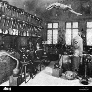May include: A monochrome image depicting a laboratory with scientific equipment such as beakers, flasks, and distillation apparatus. A model of a flying reptile is suspended from the ceiling. The room has shelves and windows.