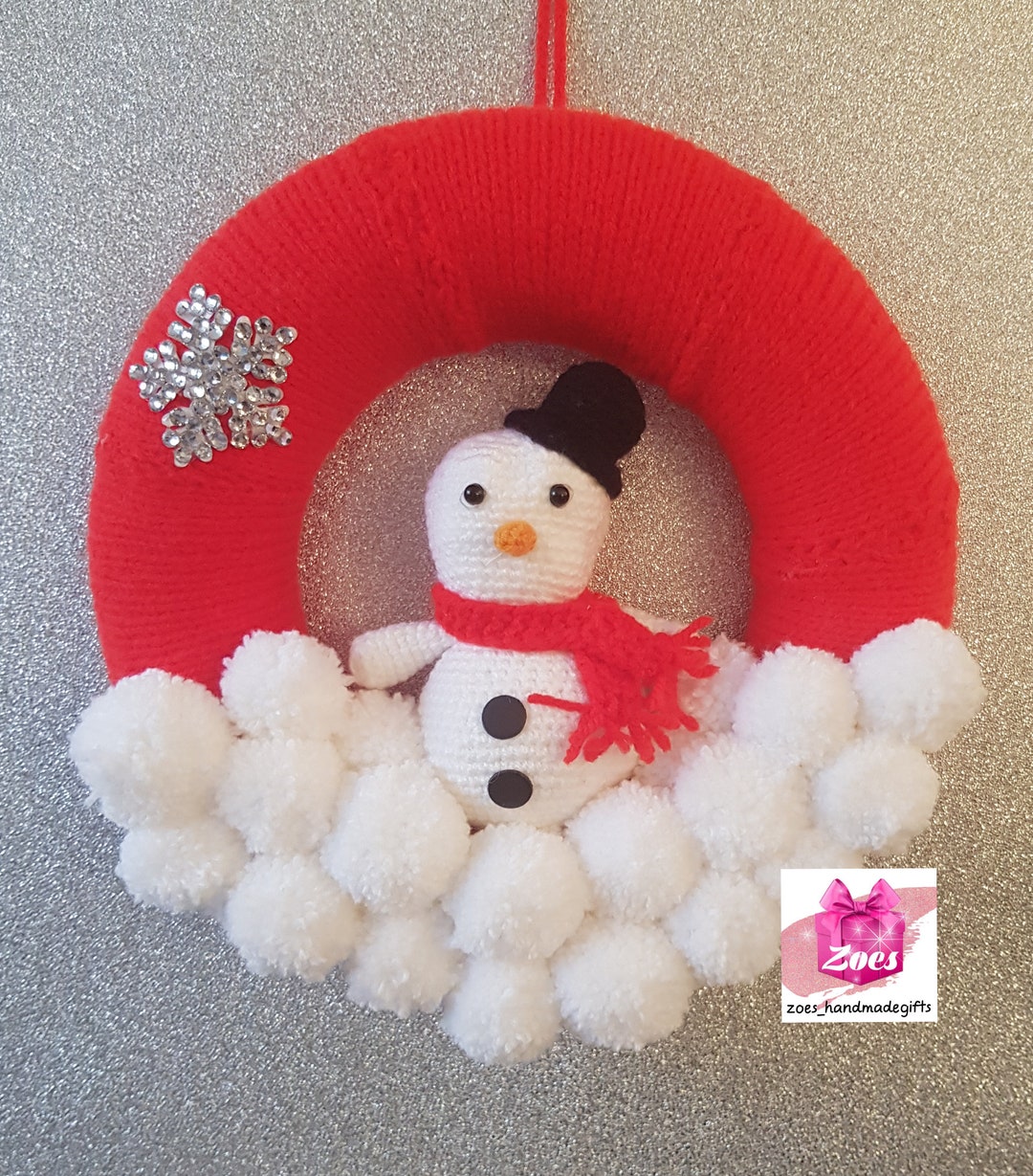Snowy Fun Christmas Wreath - Hand Knitted Keepsake & Pom Poms