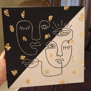 Abstract Line Faces Embroidered on Canvas with Gold Leaf