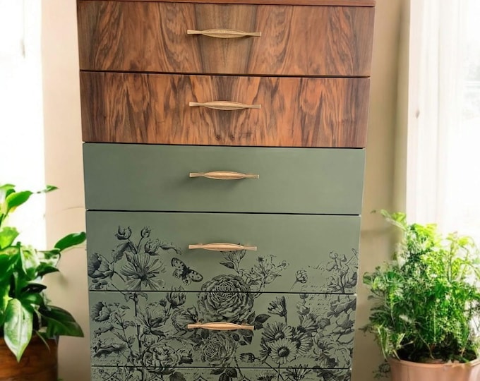 Featured listing image: Bespoke Teak Mid Century Modern 6 drawer dresser with Handpainted Olive Green and Astoria IOD Transfer