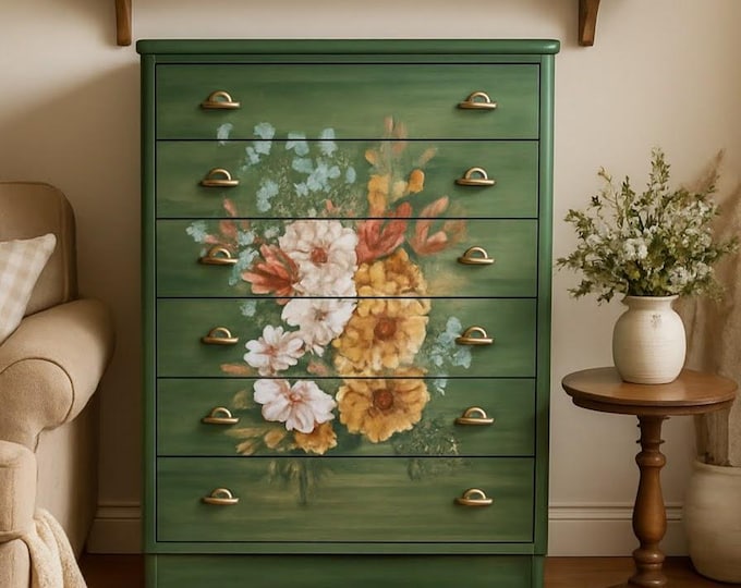 Featured listing image: Hand painted Green County Cottage 6 Drawer Chest of Drawers