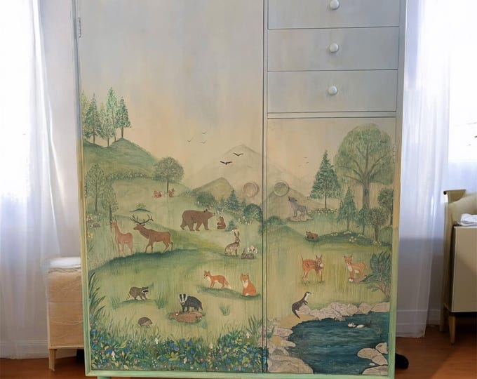 Featured listing image: Handpainted Children's Nursery Woodland Animal Wildlife Tallboy Storage Cabinet with Drawers