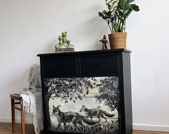 Featured listing image: Unique Black Chest of Drawers with Fox Meadow Transfer