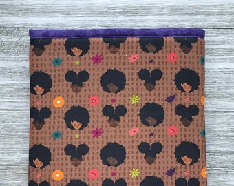 Afros and Flowers on Brown Background Book Sleeve | Padded Book Sleeve | E-reader Cover