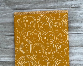 Line Drawing Women's Faces Book Sleeve (Ochre Background) | Padded Book Sleeve | E-reader Cover