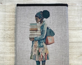 Girl With Backpack and Stack Of Books Book Sleeve | Padded Book Sleeve | Tablet Cover