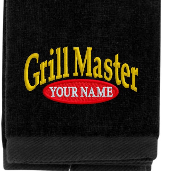 Personalized Grill Master Tri Fold Sport Towel with Hook | Embroidered with your choice of name | Bbq Team