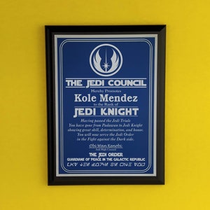 Personalized Jedi Knight Wall Plaque Certificate, Wall sign, Wall Decor, Wall Hanging/Wood & Metal/6"x8"/ 4 colors avail