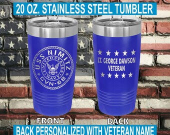 Personalized USS Nimitz CVN-68 Stainless Steel 20 oz Tumbler | Custom Veteran Info on Back | Individually Laser Engraved Memories