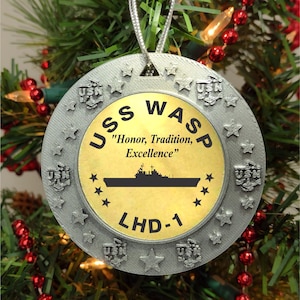 USS Wasp LHD-1 Christmas Ornament - Antiqued Silver 3D Design & Brass Center | Great Patriotic Gift for Veteran, Retired, Active Duty