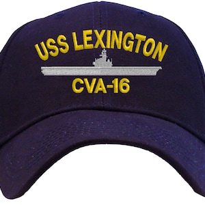 May include: A navy blue baseball cap with an embroidered white and gray ship and the text "USS LEXINGTON CVA-16" in yellow.