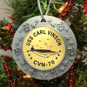 USS Carl Vinson CVN-70 Christmas Ornament - Antique Silver 3D Design & Brass Center | Great Patriotic Gift for Veteran, Retired, Active Duty