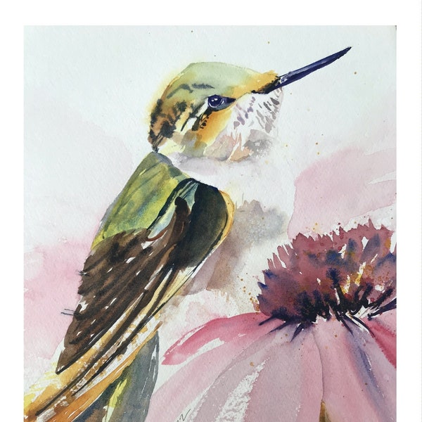 Set of 2 Hummingbird Original Watercolor Notecards Hummer in Nest Art Cards, 4.25x5.5 Blank Inside, TY Card, Original Note Cards, envelopes