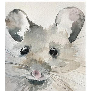 May include: A watercolor painting of a mouse with a pink nose and big, dark eyes. The mouse is looking directly at the viewer with a curious expression. The background is a light gray.