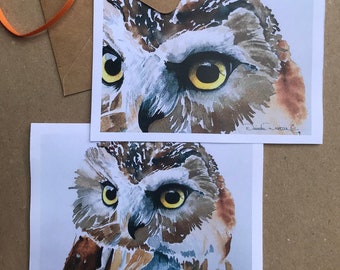 Set of 2 Owl Original Watercolor Note Cards, Handmade Cards, 4.25x5.5 Size Blank Inside Card, Greeting Card, Great Gift Idea, with envelopes