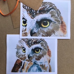 Set of 2 Owl Original Watercolor Note Cards, Handmade Cards, 4.25x5.5 Size Blank Inside Card, Greeting Card, Great Gift Idea, with envelopes