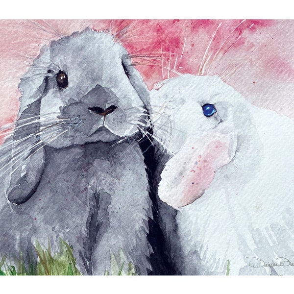 Lop Eared Bunny Pair Original Watercolor Note Card, Gray and White Bunny Notecard 4.25x5.5 Size, Blank Inside Cards, Handmade with envelope