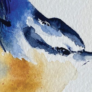 May include: Watercolor painting of a bluebird's head and neck. The bird's eye is visible, and the beak is open slightly. The background is a light gray.