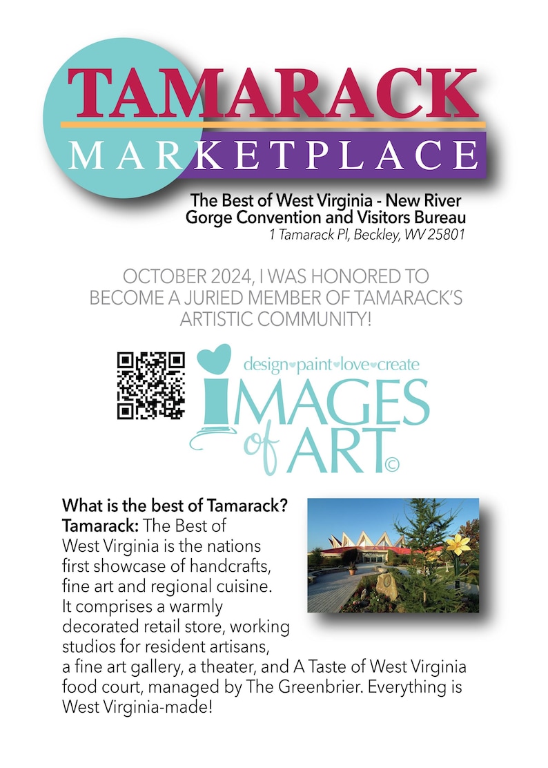 Op de afbeelding: Een promotieafbeelding voor Tamarack Marketplace, een showcase in West Virginia voor ambachten, kunst en keuken. De afbeelding toont het logo van de markt, tekst en een foto van het gebouw. De tekst bevat het adres en details over de markt.
