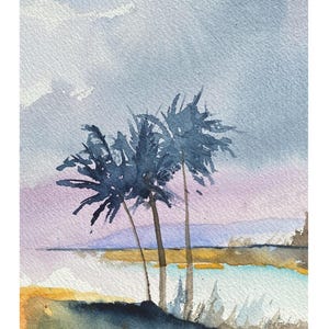 May include: Watercolor painting of a tropical scene featuring three palm trees in shades of blue and brown. The background shows a pastel sky with hints of purple and yellow, and a body of water.