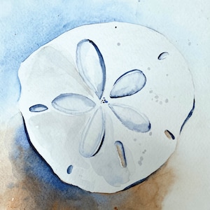 May include: Watercolor painting of a white sand dollar with blue and brown watercolor washes in the background. The sand dollar has a star-like pattern in the center and several small holes around the edges.