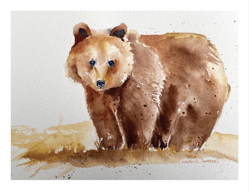 This listing is a small note card of a brown bear made from my original watercolor. The large brown bear is gazing directly at the viewer.
