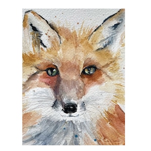 May include: Watercolor painting of a fox's face. The fox has orange fur, green eyes, and a white muzzle. The background is a light gray with brown and blue splatter paint.