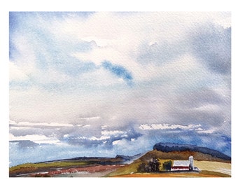 Beautiful Sky Landscape Original Watercolor Note Card, 4.25x5.5 Size, Blank Inside Card, Invitation Card, Farm Landscape Card, with envelope