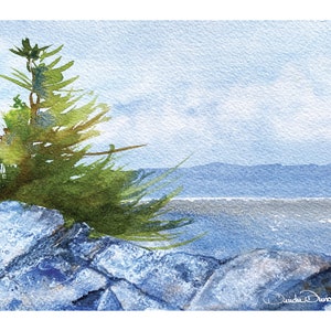 May include: Watercolor painting of a green pine tree on a rocky cliff overlooking a blue lake and distant mountains. The sky is a light blue with white clouds.