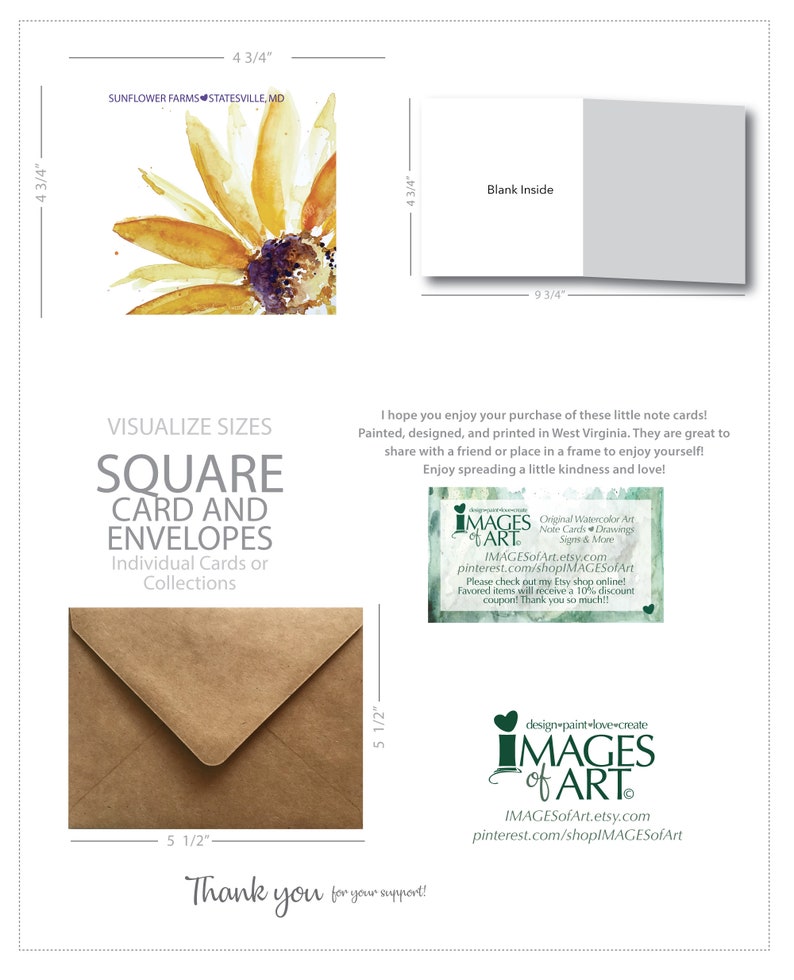 Sunflower Original Artwork Watercolor Note Card, 5x5 Blank Inside Card ...