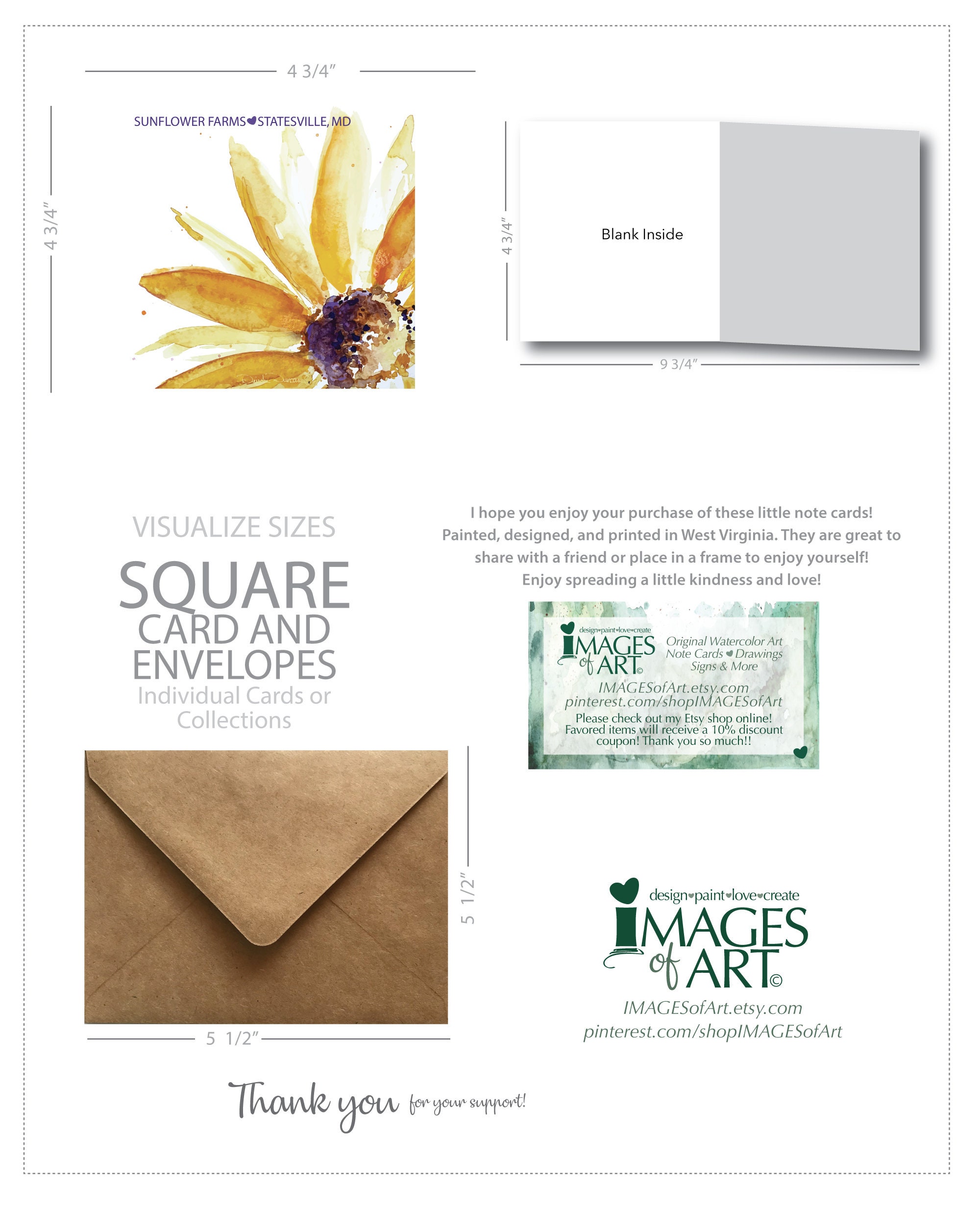 Sunflower Original Artwork Watercolor Note Card, 5x5 Blank Inside Card ...