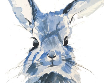 8X10 Blue Bunny Original Watercolor Painting Print, Print of Original Artwork, Nursery Art, Kids Room Art, Blue Rabbit, Artist Signed