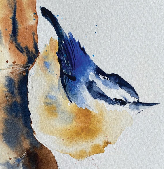 Nuthatch Bird Original Loose Watercolor Note Cards, 4.25x5.5 Blank Inside Card, Gift for Birder, Songbird, Greeting Card