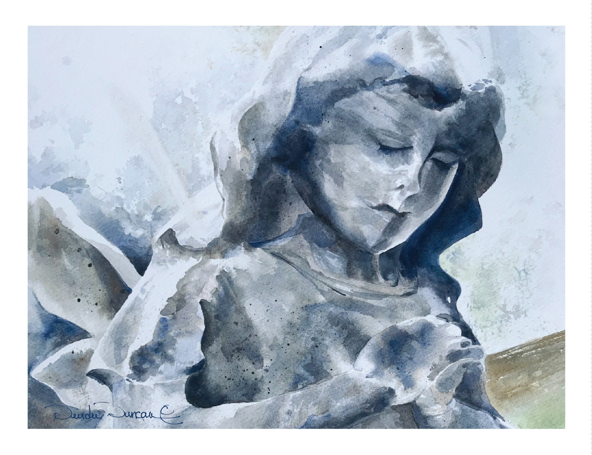 Stone Angel Note Card of Original Watercolor Painting, 4.25x5.5 Size ...