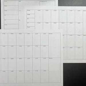 May include: A blank white form with columns labeled "Room Code", "O2", "IV", "Diet", "Allergies", and "Notes". The form is divided into sections with numbers from 0700 to 1800.