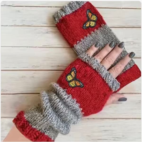 Red and Gray Knit Gloves,Half finger, Butterfly