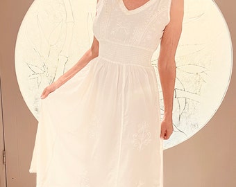 White Bohemian Casual Dress, Embroidery, Bridal, Feminine Maxi Beach Cover up